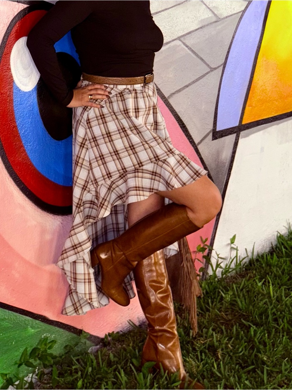 Cider Cream and Brown Plaid Asymmetric High-Low Skirt